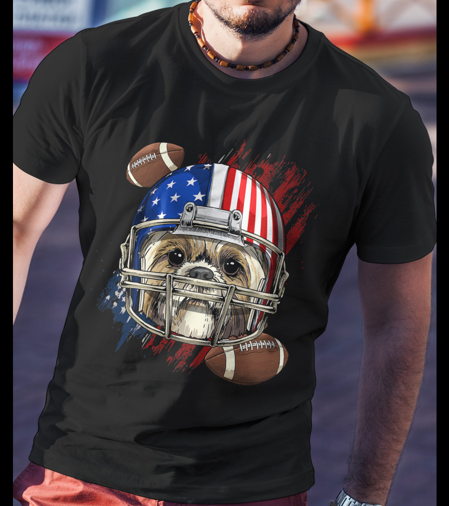 Shih Tzu In American Football Helmet With USA Flag And Footballs T-Shirt