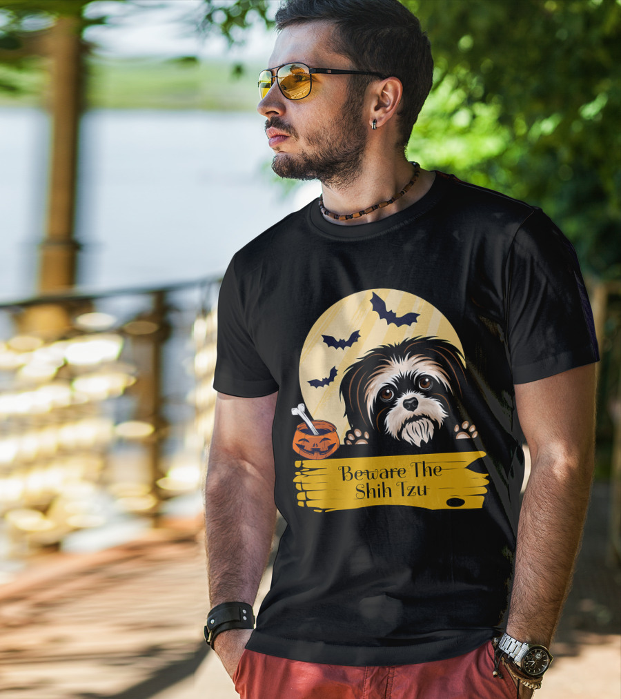 Beware The Shih Tzu Halloween Bats Moon Pumpkin T-Shirt