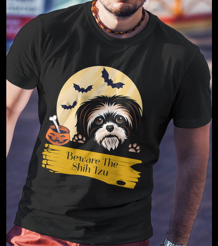 Beware The Shih Tzu Halloween Bats Moon Pumpkin T-Shirt