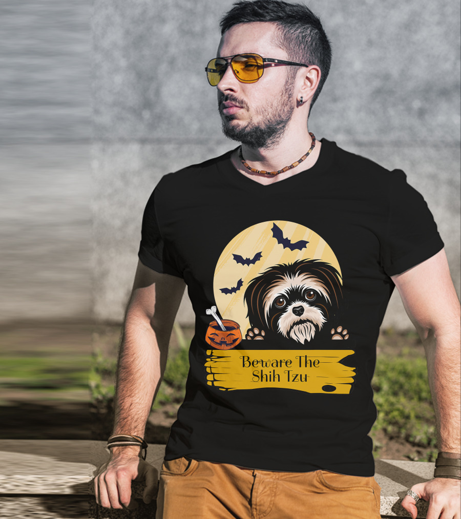 Beware The Shih Tzu Halloween Bats Moon Pumpkin T-Shirt