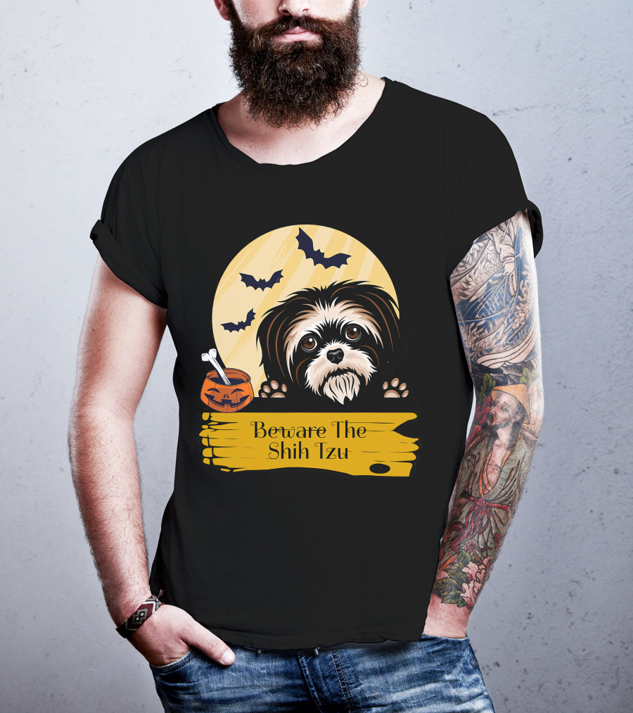 Beware The Shih Tzu Halloween Bats Moon Pumpkin T-Shirt