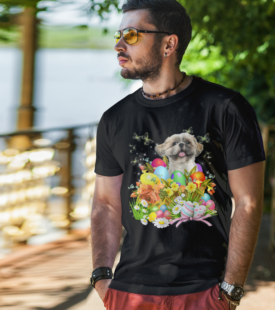 Shih Tzu Bunny Dog With Easter Eggs And Floral Basket T-Shirt