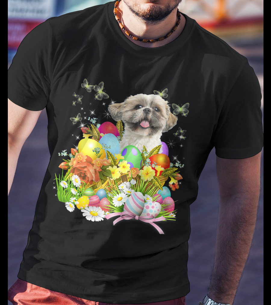 Shih Tzu Bunny Dog With Easter Eggs And Floral Basket T-Shirt
