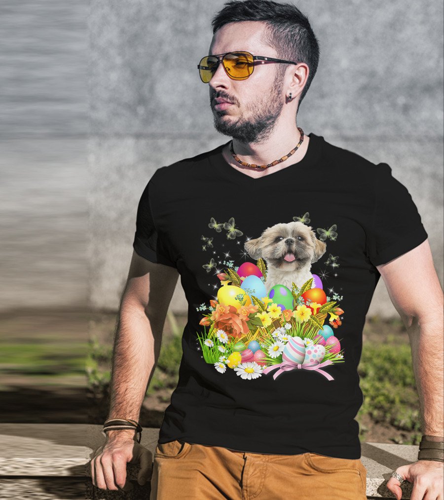 Shih Tzu Bunny Dog With Easter Eggs And Floral Basket T-Shirt