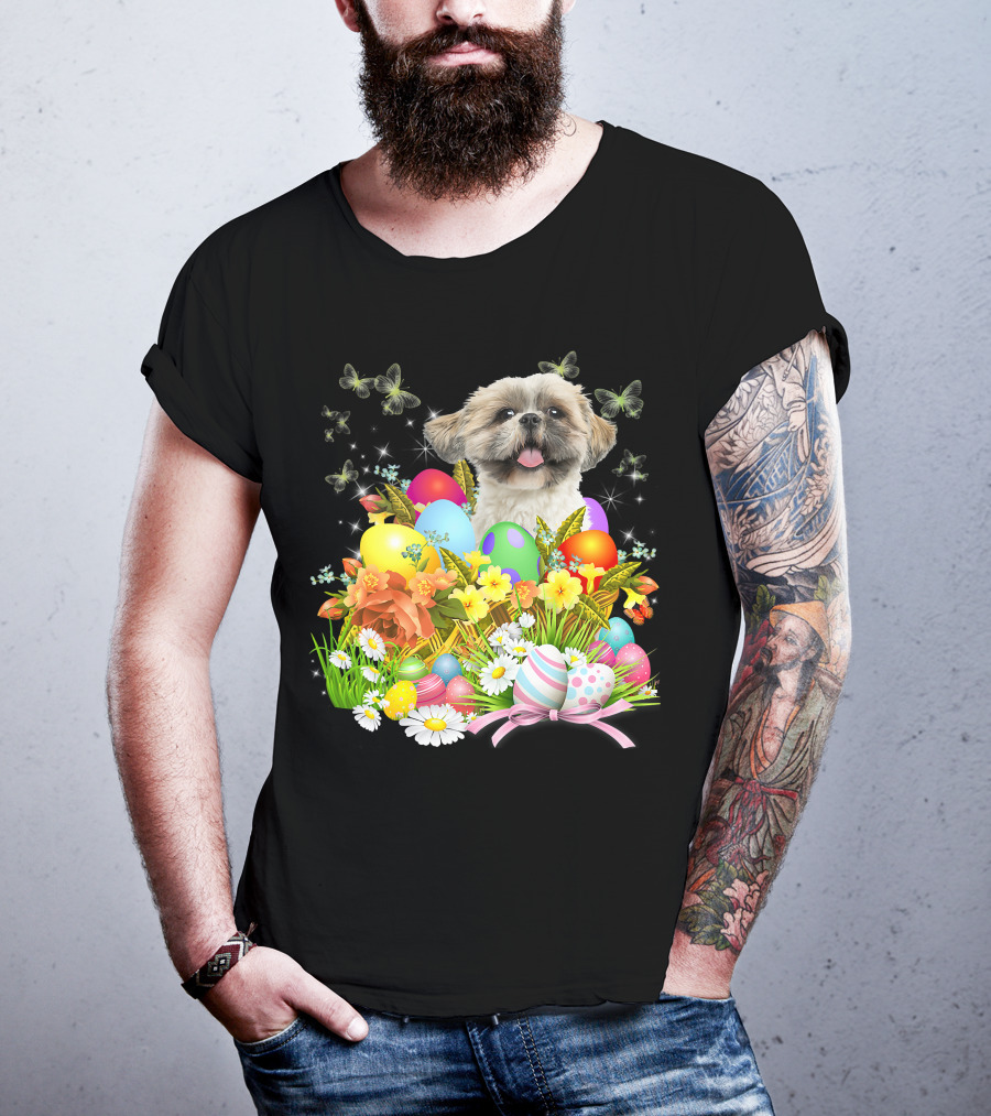 Shih Tzu Bunny Dog With Easter Eggs And Floral Basket T-Shirt