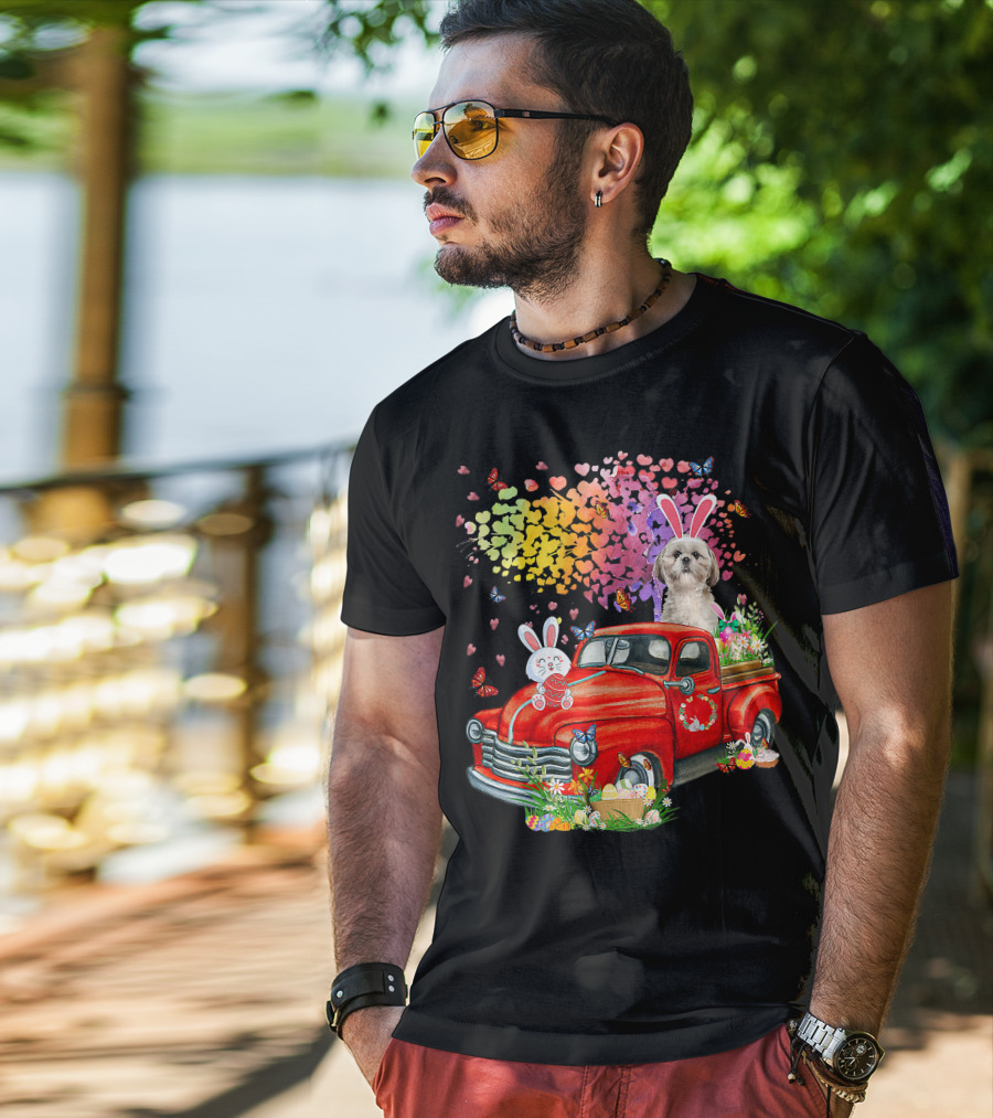 Shih Tzu Bunny On Red Truck With Easter Eggs And Rainbow Hearts T-Shirt