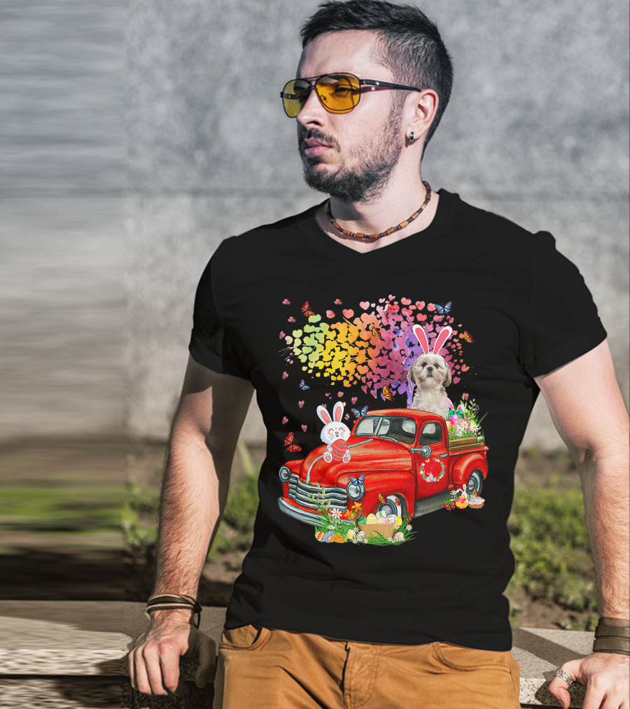 Shih Tzu Bunny On Red Truck With Easter Eggs And Rainbow Hearts T-Shirt