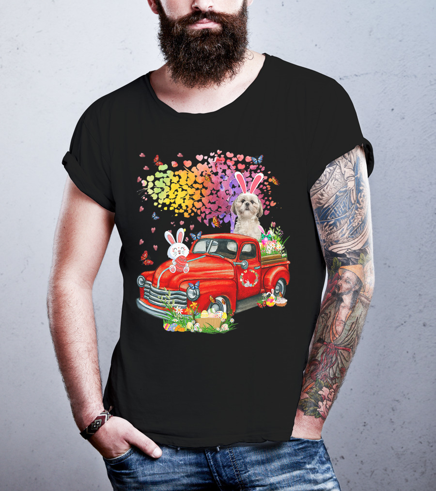 Shih Tzu Bunny On Red Truck With Easter Eggs And Rainbow Hearts T-Shirt