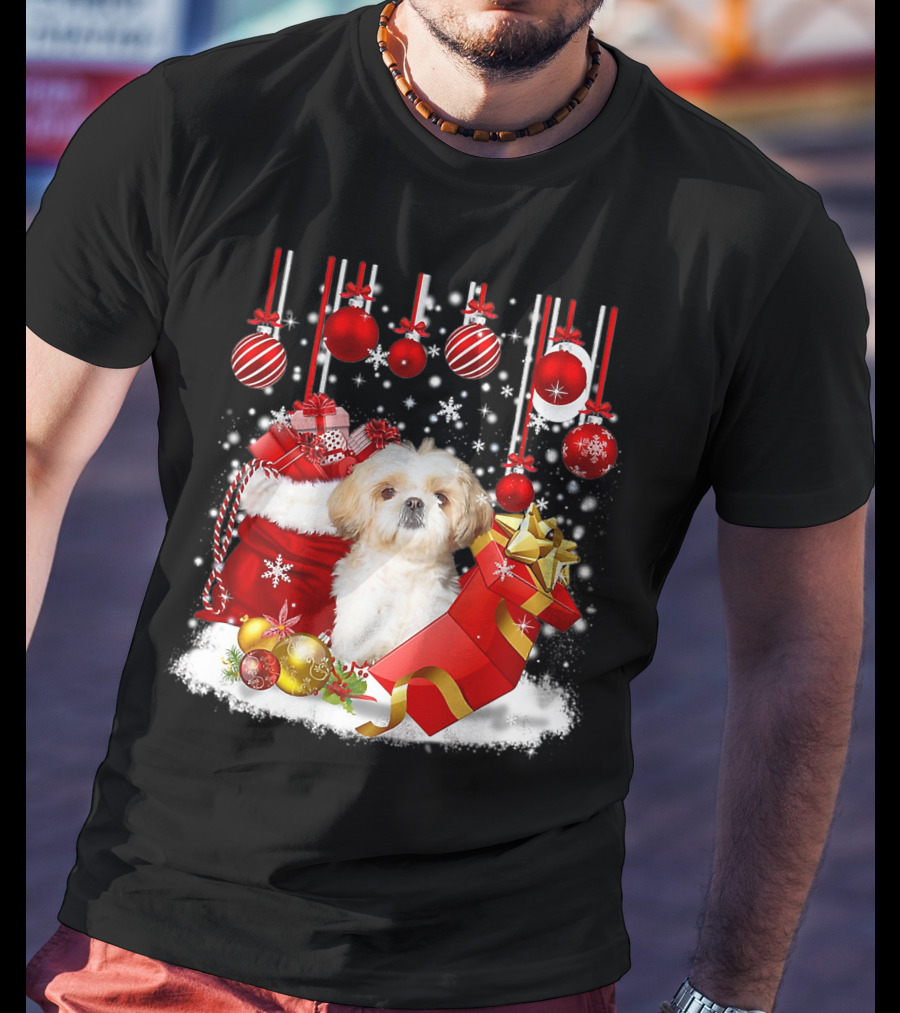 Shih Tzu Christmas Holiday Decorations With Dog And Festive Snow Ornaments T-Shirt