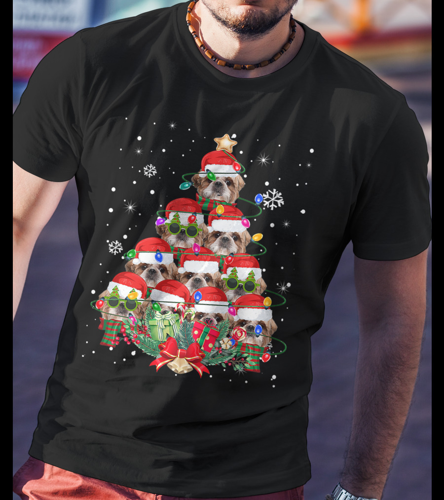 Shih Tzu Christmas Tree With Santa Hats And Lights Family Pajamas T-Shirt