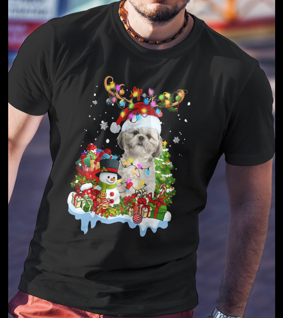 Shih Tzu Christmas Santa Hat Reindeer Antlers Lights Snowman Gifts Tree T-Shirt