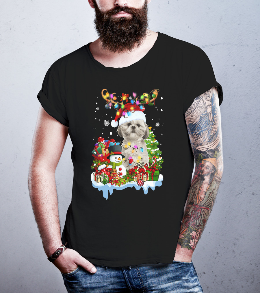 Shih Tzu Christmas Santa Hat Reindeer Antlers Lights Snowman Gifts Tree T-Shirt