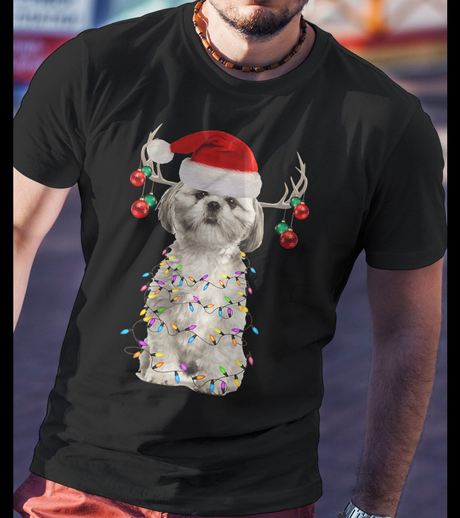 Shih Tzu Christmas Tree Santa Hat With Lights And Antlers T-Shirt