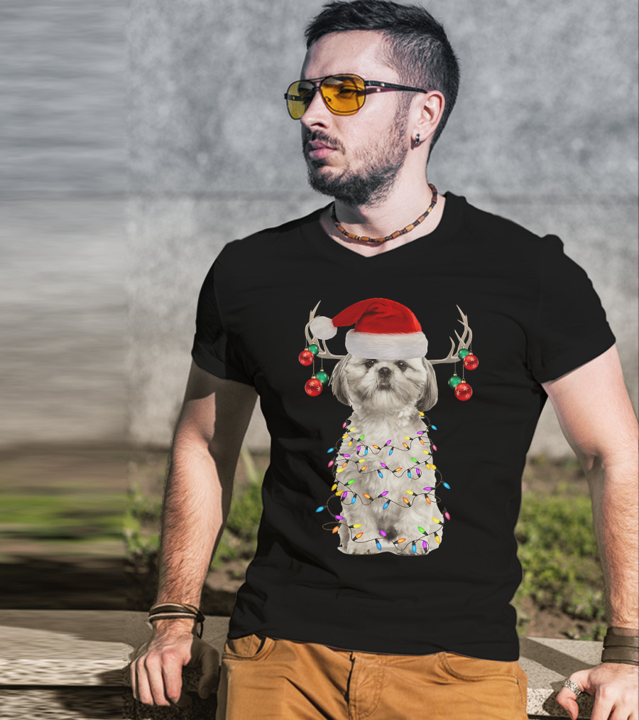 Shih Tzu Christmas Tree Santa Hat With Lights And Antlers T-Shirt
