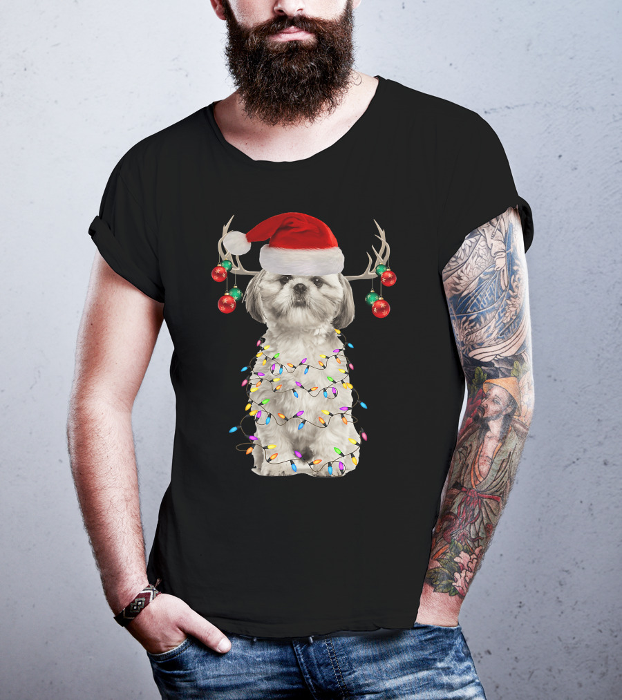 Shih Tzu Christmas Tree Santa Hat With Lights And Antlers T-Shirt