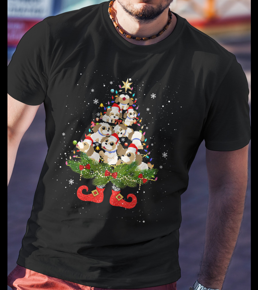 Shih Tzu Christmas Tree Lights Funny Santa Hat Dog Festive Holiday Puppies T-Shirt