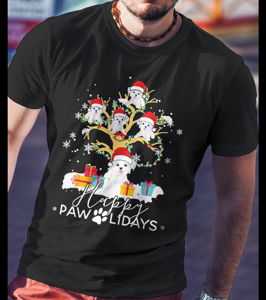 Shih Tzu Christmas Tree Santa Hat Lights Presents Happy Paw Holidays T-Shirt