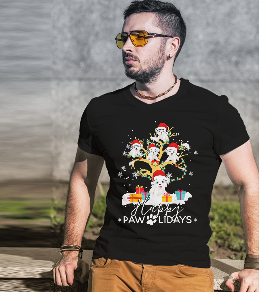 Shih Tzu Christmas Tree Santa Hat Lights Presents Happy Paw Holidays T-Shirt