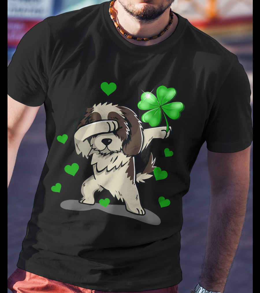 Shih Tzu Dabbing With Green Shamrock And Hearts T-Shirt