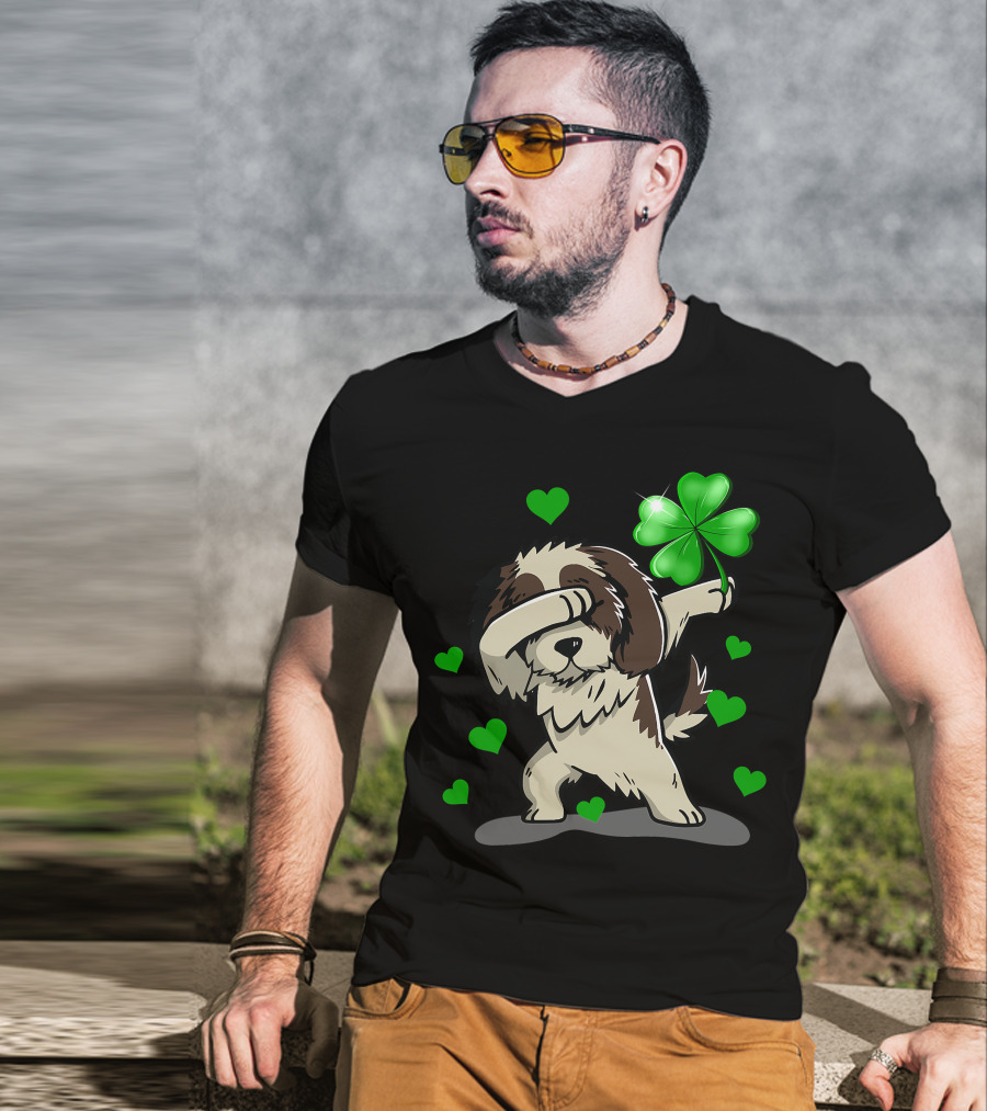 Shih Tzu Dabbing With Green Shamrock And Hearts T-Shirt