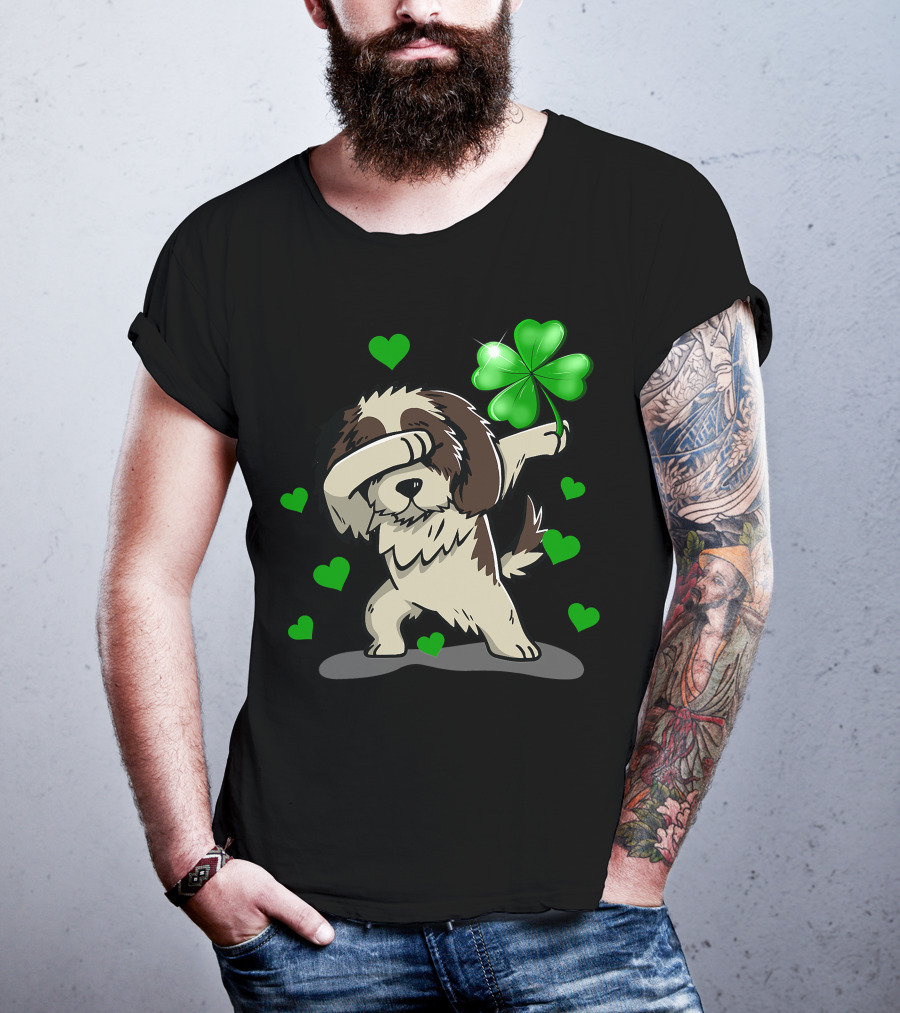 Shih Tzu Dabbing With Green Shamrock And Hearts T-Shirt