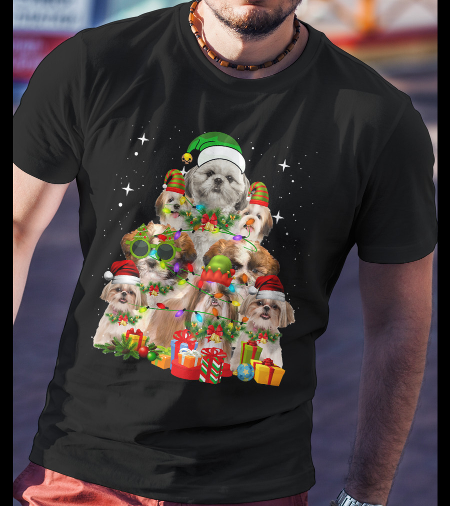 Shih Tzu Dog Christmas Tree With Presents And Santa Hats T-Shirt