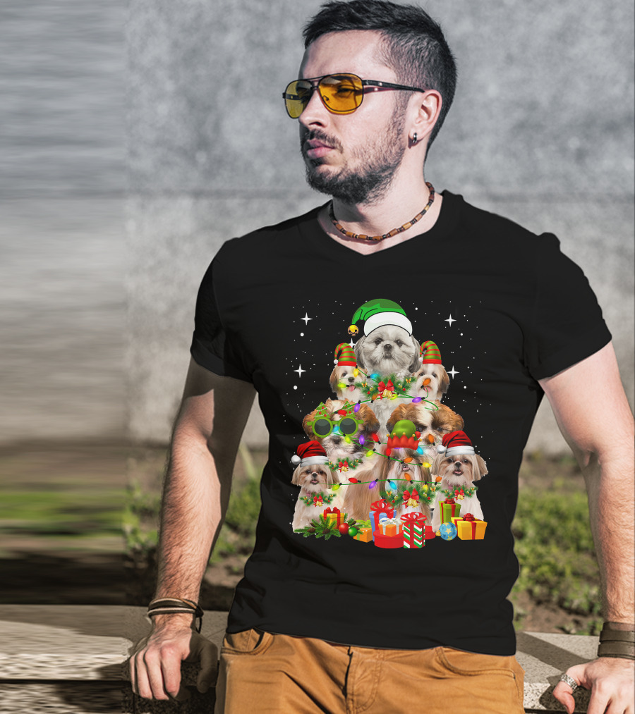 Shih Tzu Dog Christmas Tree With Presents And Santa Hats T-Shirt