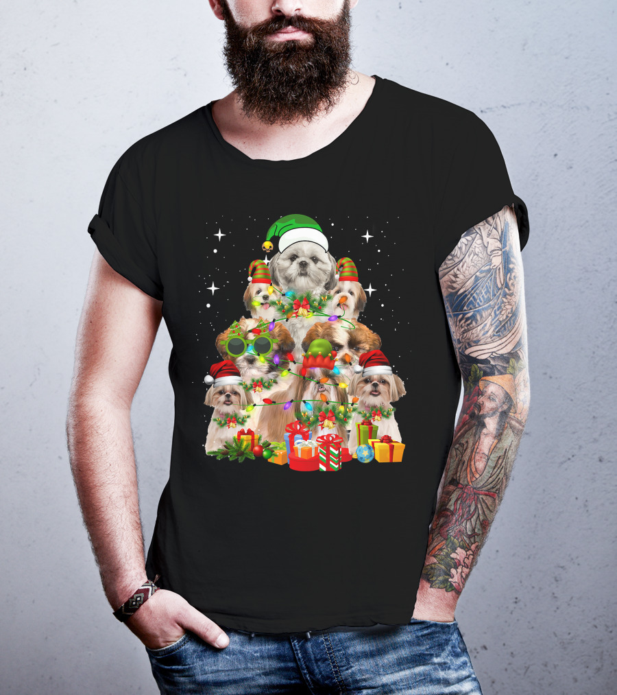 Shih Tzu Dog Christmas Tree With Presents And Santa Hats T-Shirt