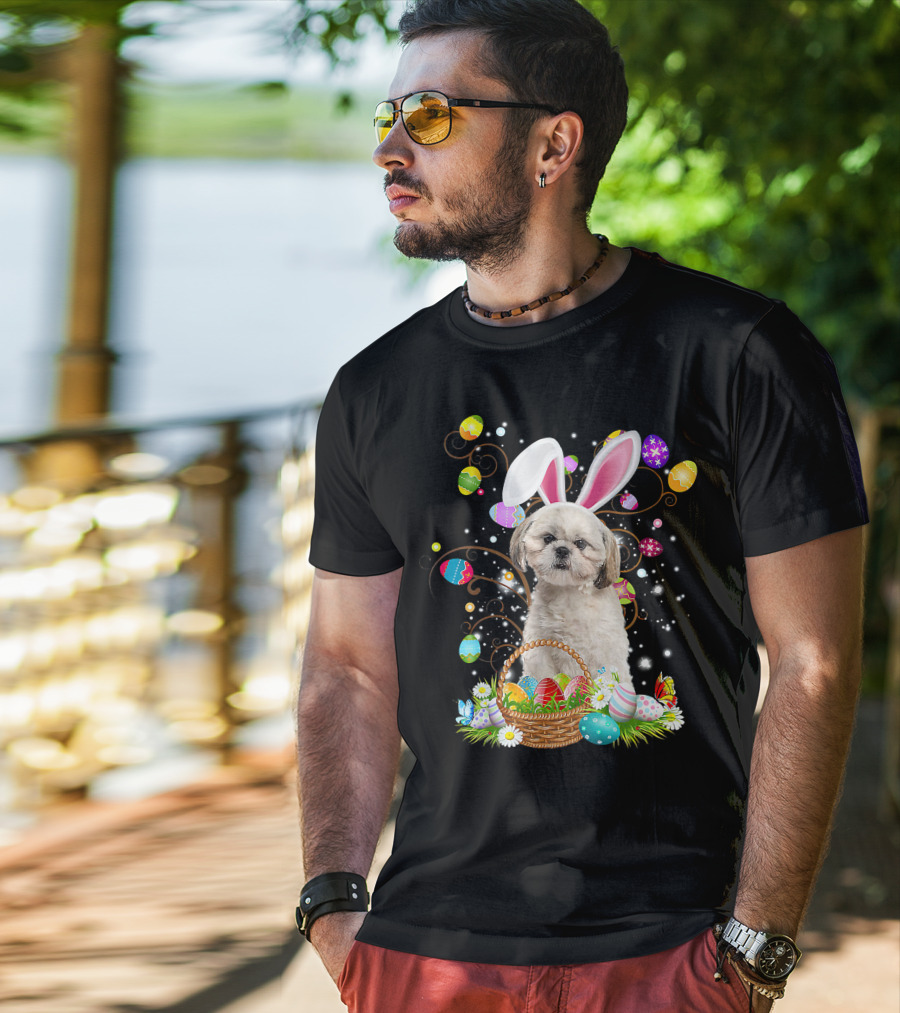 Shih Tzu Dog Bunny Ears With Colorful Easter Eggs Basket Fun Easter Day T-Shirt