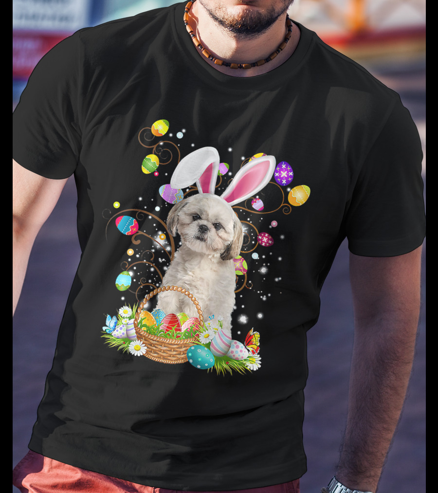 Shih Tzu Dog Bunny Ears With Colorful Easter Eggs Basket Fun Easter Day T-Shirt