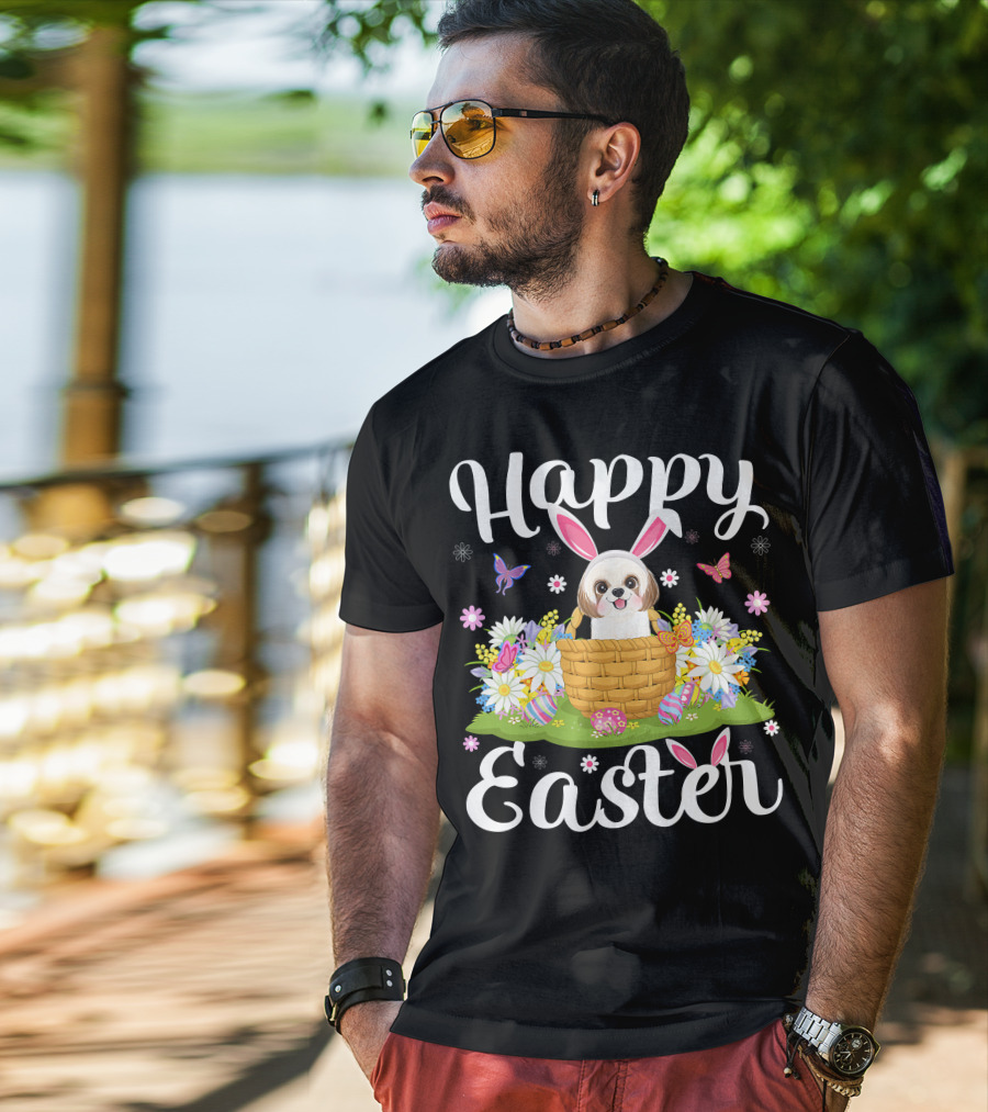 Shih Tzu Dog With Bunny Ears In Easter Egg Basket With Flowers And Butterflies T-Shirt