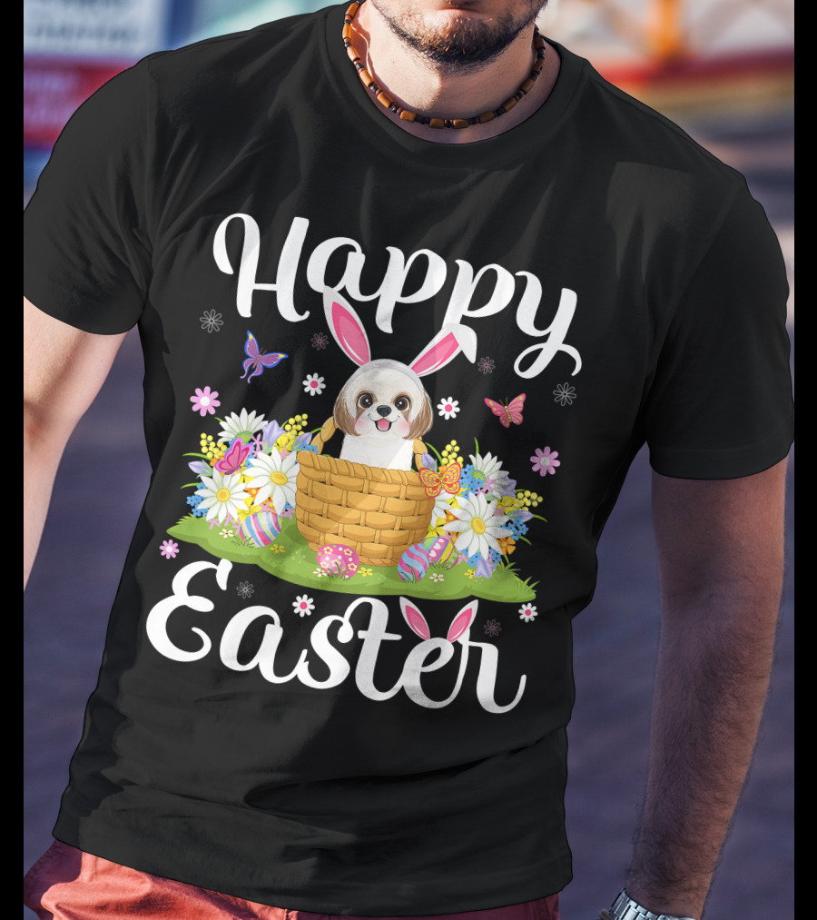Shih Tzu Dog With Bunny Ears In Easter Egg Basket With Flowers And Butterflies T-Shirt