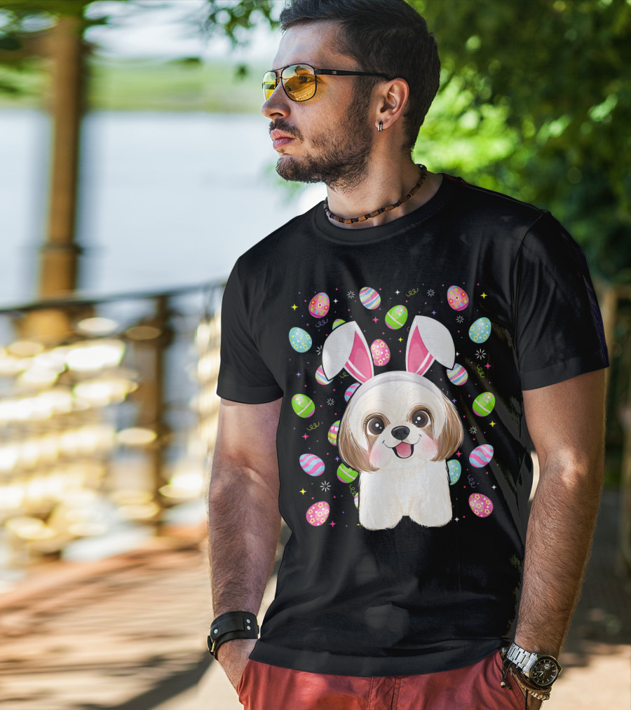 Shih Tzu Dog With Easter Eggs And Bunny Ears Funny Easter Lover Image T-Shirt