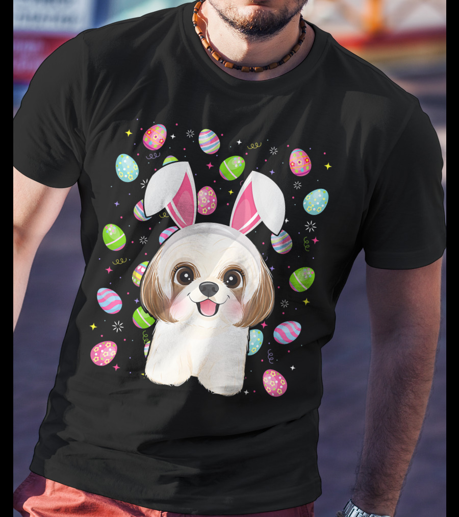 Shih Tzu Dog With Easter Eggs And Bunny Ears Funny Easter Lover Image T-Shirt
