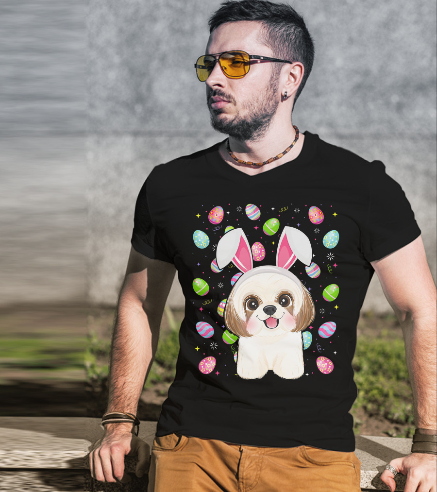 Shih Tzu Dog With Easter Eggs And Bunny Ears Funny Easter Lover Image T-Shirt