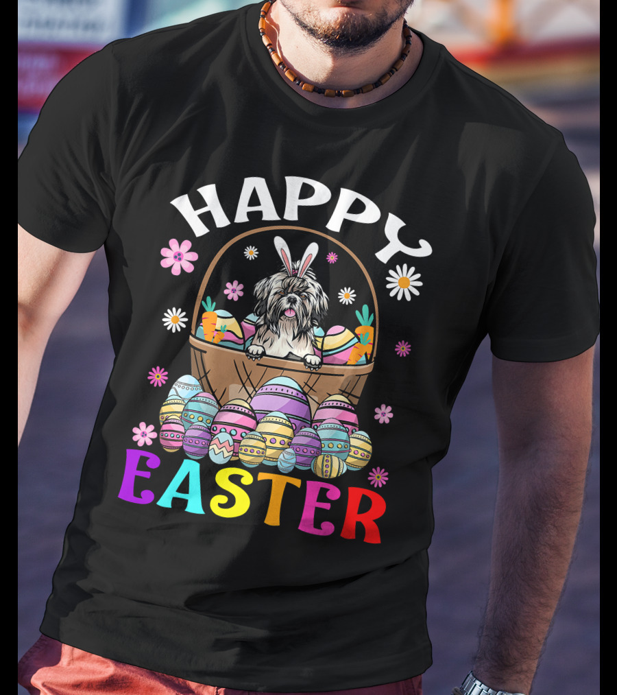 Shih Tzu Easter Bunny Dog With Colorful Eggs And Basket T-Shirt