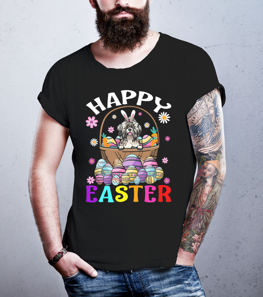 Shih Tzu Easter Bunny Dog With Colorful Eggs And Basket T-Shirt
