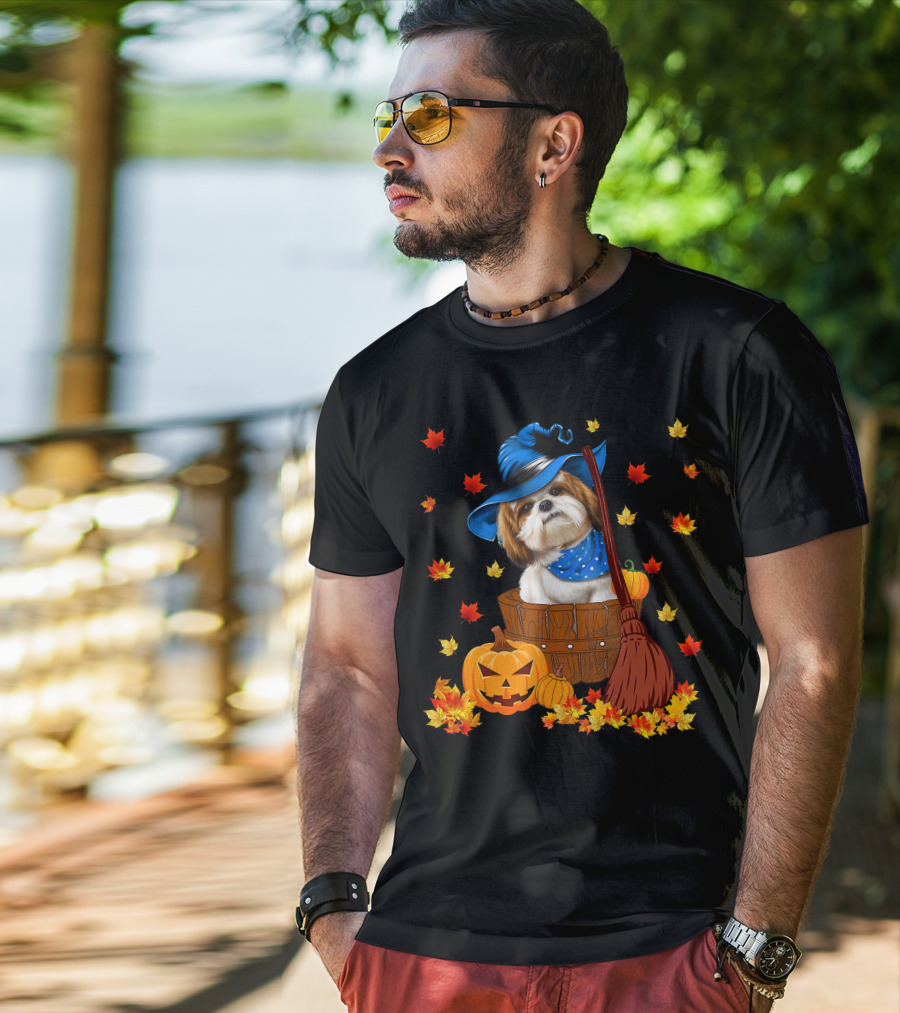Shih Tzu Dog In Witch Hat Surrounded By Pumpkins And Leaves For Halloween T-Shirt