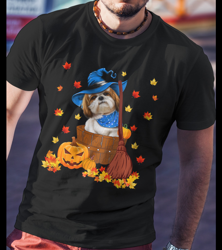 Shih Tzu Dog In Witch Hat Surrounded By Pumpkins And Leaves For Halloween T-Shirt