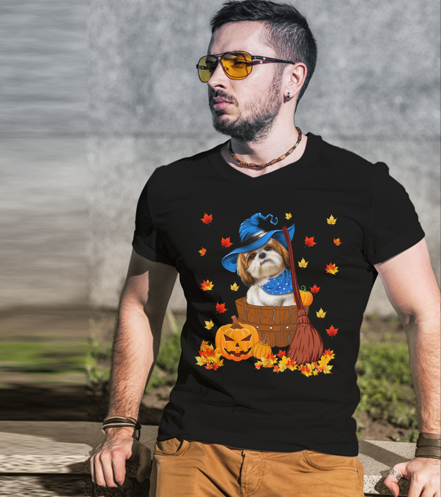 Shih Tzu Dog In Witch Hat Surrounded By Pumpkins And Leaves For Halloween T-Shirt