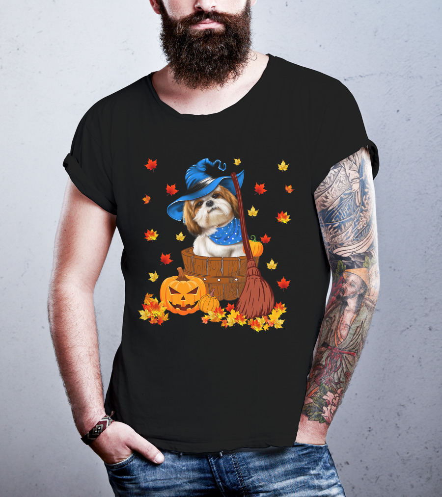 Shih Tzu Dog In Witch Hat Surrounded By Pumpkins And Leaves For Halloween T-Shirt