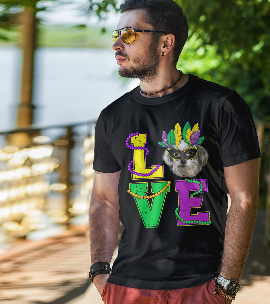 Shih Tzu Puppy Love Mardi Gras Beads Mask T-Shirt