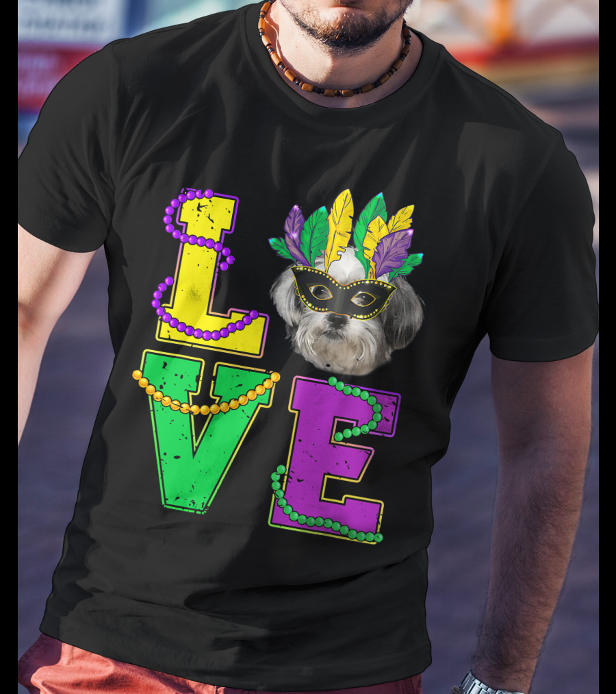 Shih Tzu Puppy Love Mardi Gras Beads Mask T-Shirt