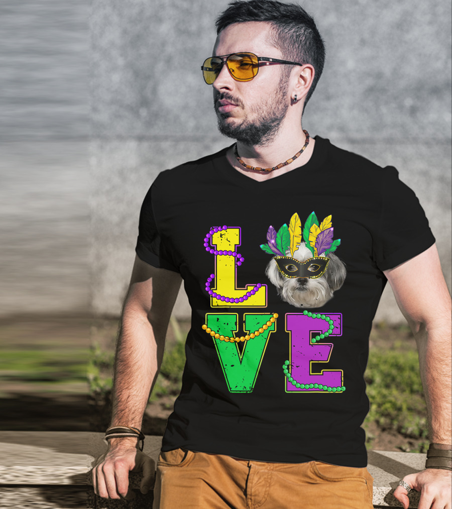 Shih Tzu Puppy Love Mardi Gras Beads Mask T-Shirt