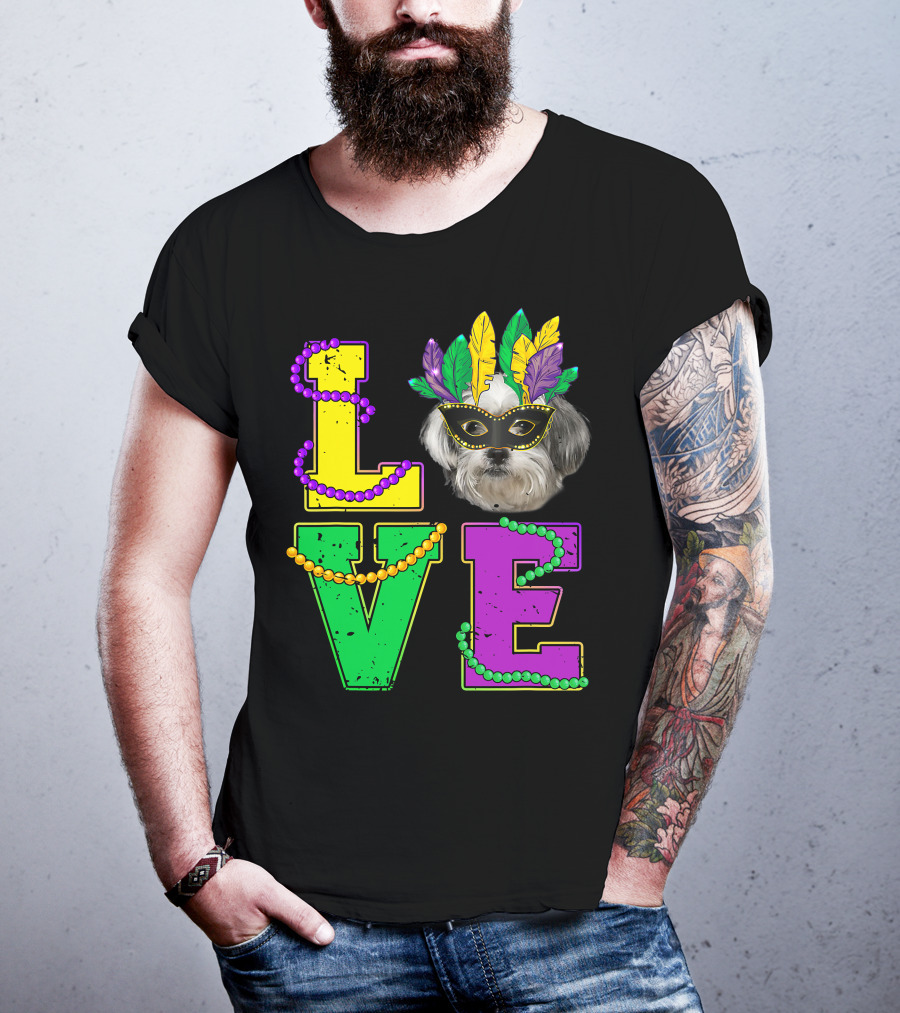 Shih Tzu Puppy Love Mardi Gras Beads Mask T-Shirt