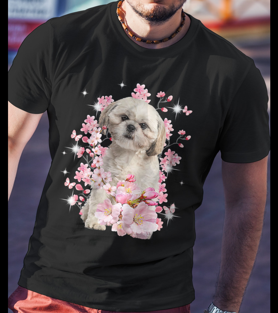 Shih Tzu Dog Sakura Japanese Cherry Blossom T-Shirt