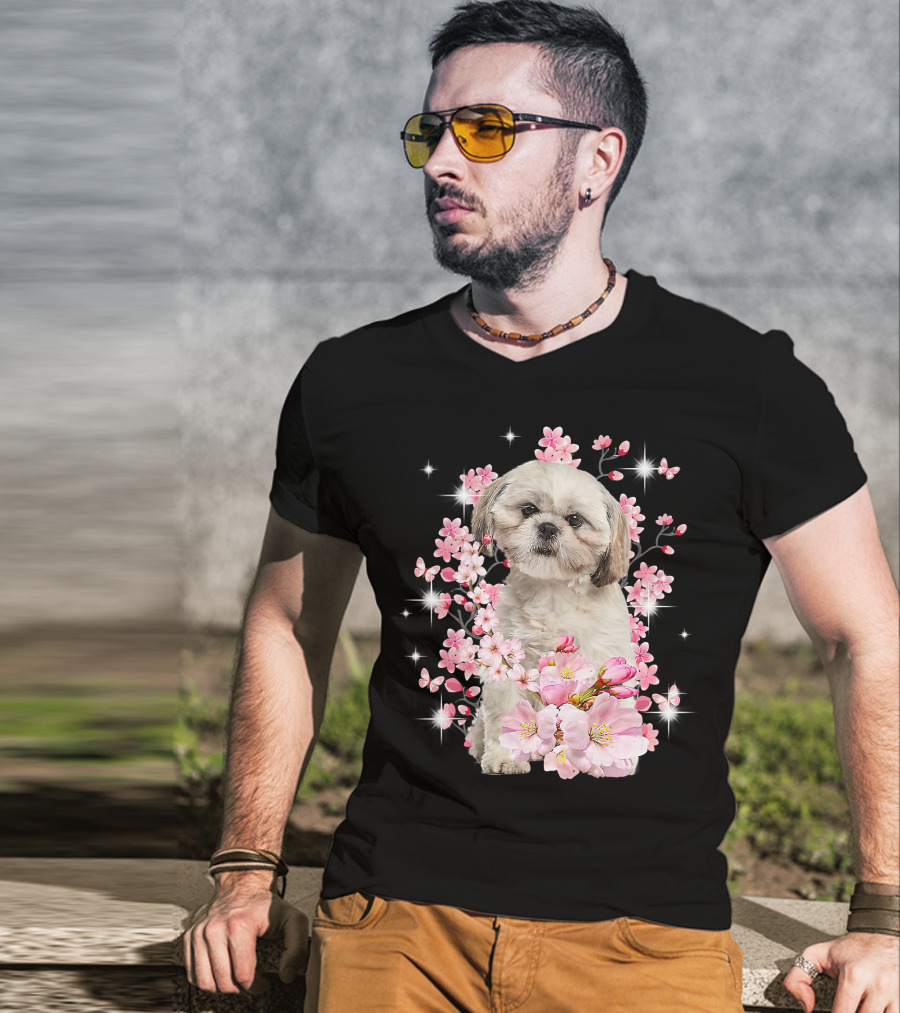 Shih Tzu Dog Sakura Japanese Cherry Blossom T-Shirt
