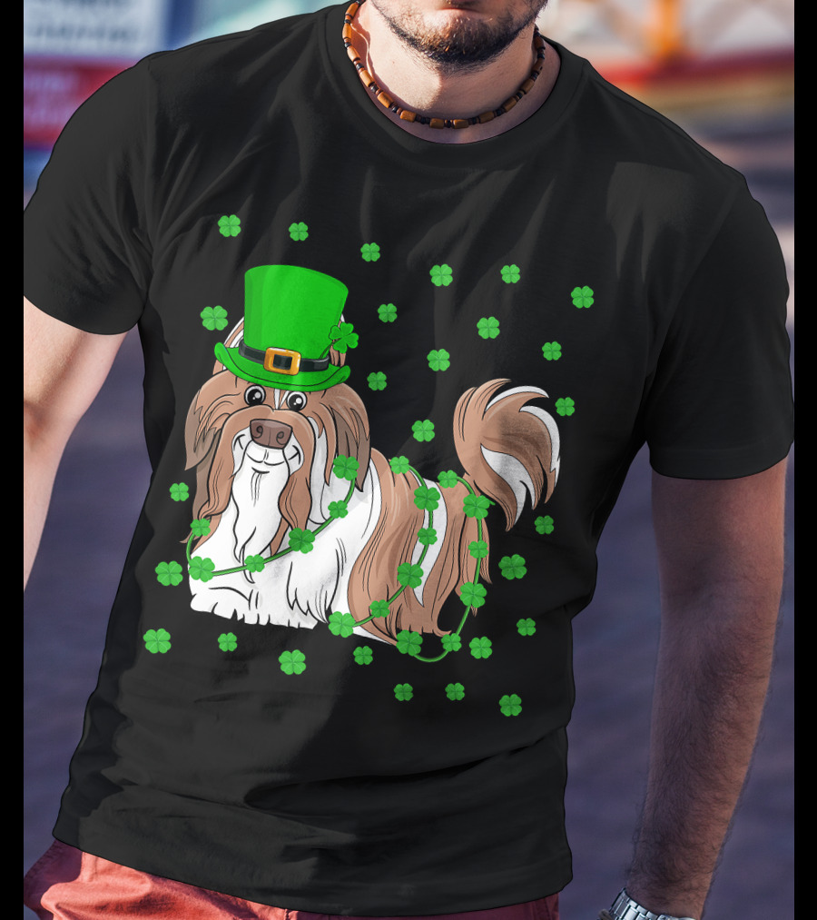 Shih Tzu Dog Lover St. Patrick's Day Leprechaun Hat And Clover T-Shirt