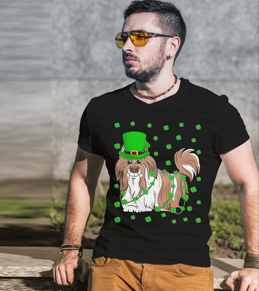 Shih Tzu Dog Lover St. Patrick's Day Leprechaun Hat And Clover T-Shirt