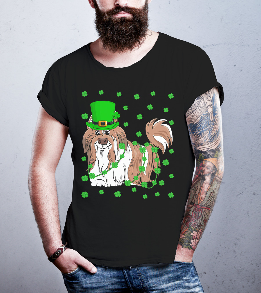 Shih Tzu Dog Lover St. Patrick's Day Leprechaun Hat And Clover T-Shirt